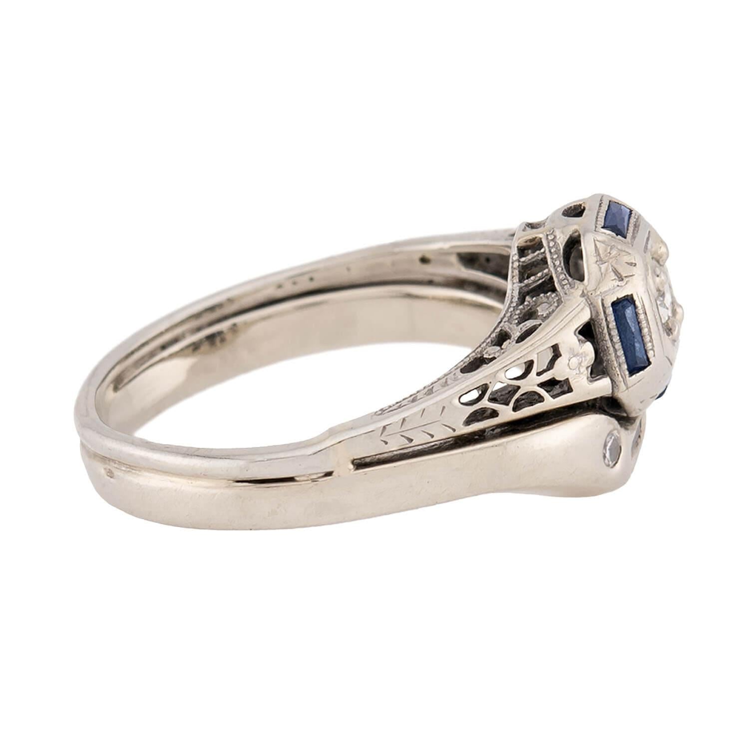 Art Deco 18k Diamond and Sapphire Engagement Ring Set