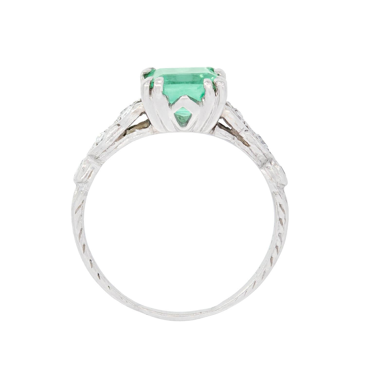 Art Deco Platinum Emerald and Diamond Engagement Ring 1.29ct