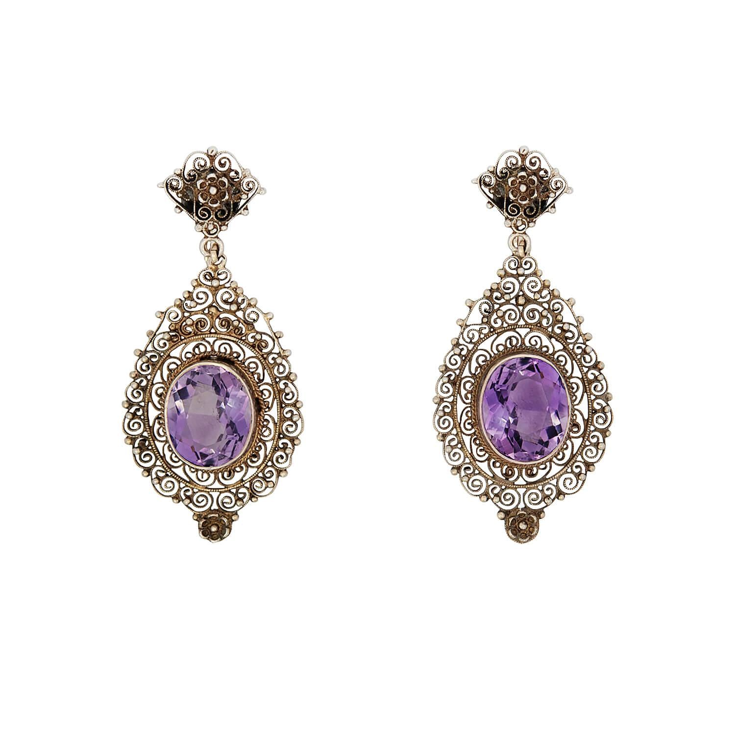 Edwardian Italian Silver Gilt Amethyst Earrings