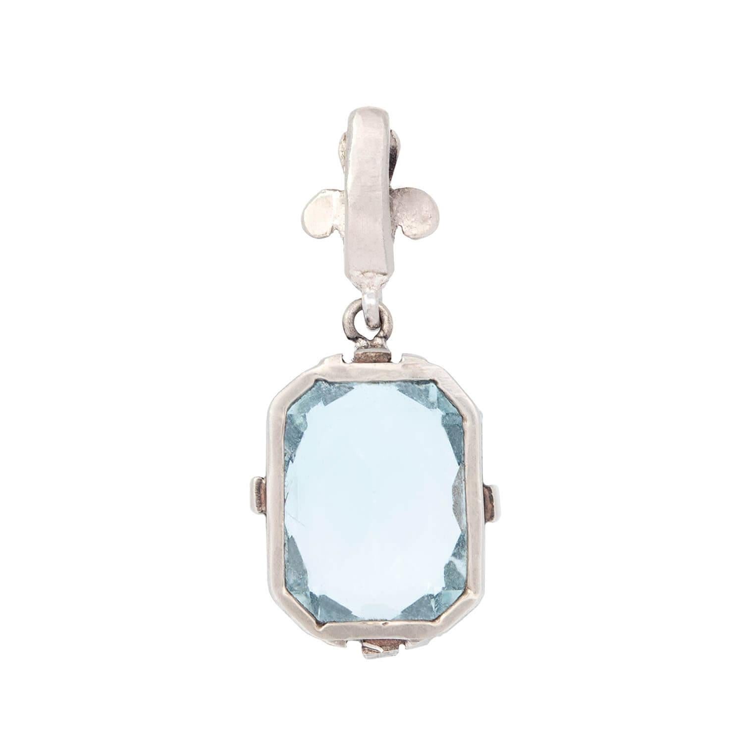 Art Deco 14k White Gold Aquamarine Fleur-de-lis Pendant