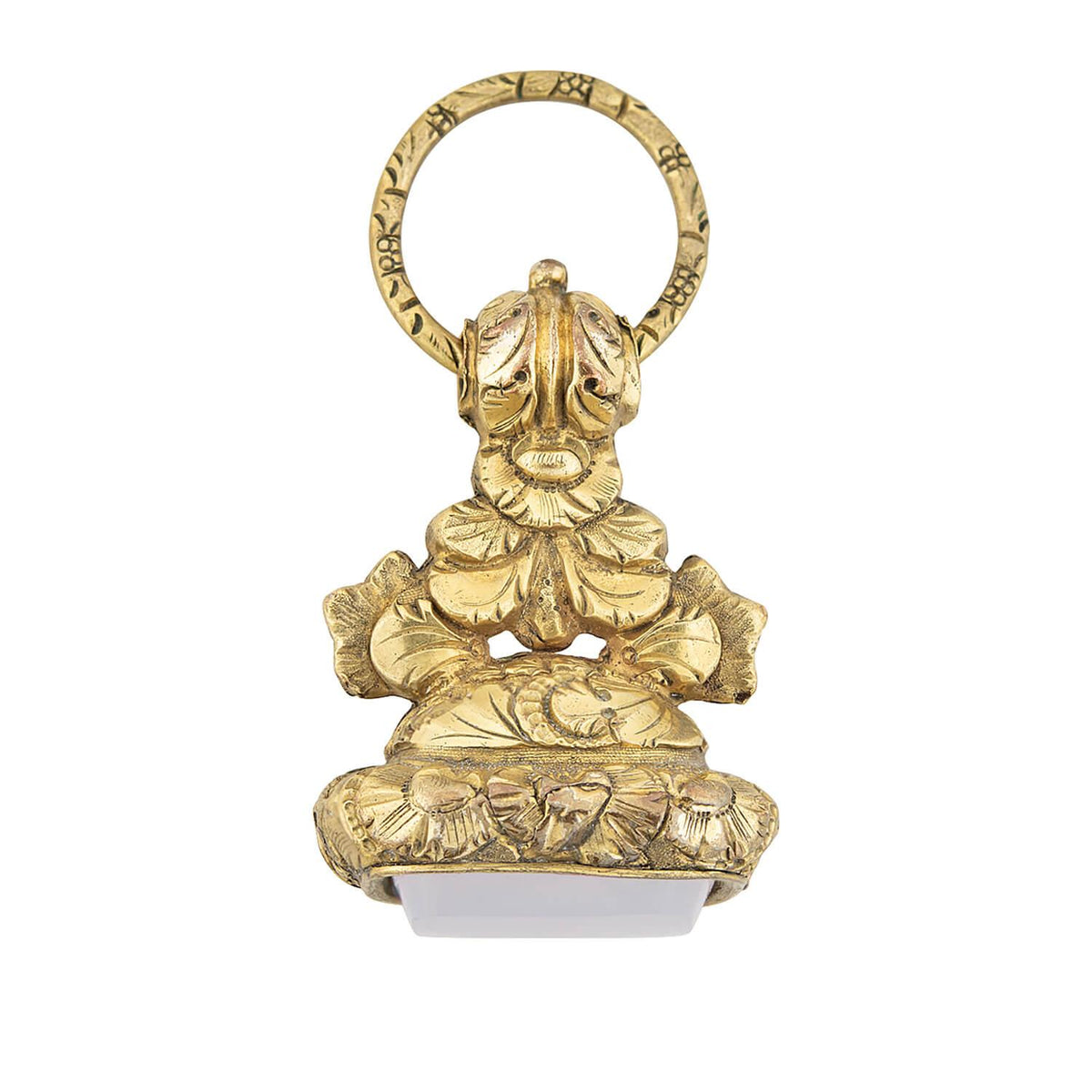 Victorian Gold Filled Chalcedony Ornate Repousse Floral Motif Fob