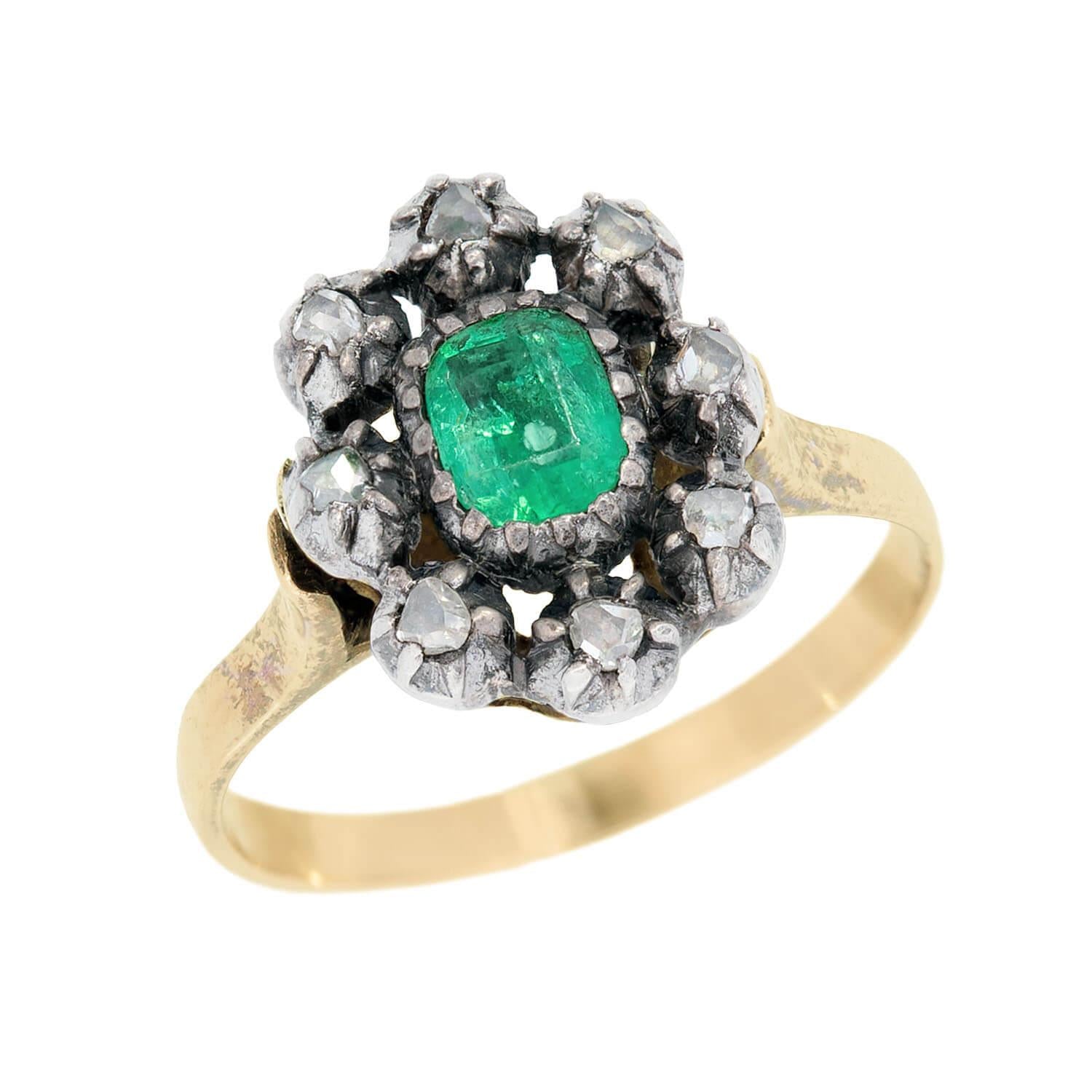 Victorian 14k and Sterling Silver Emerald and Diamond Ring