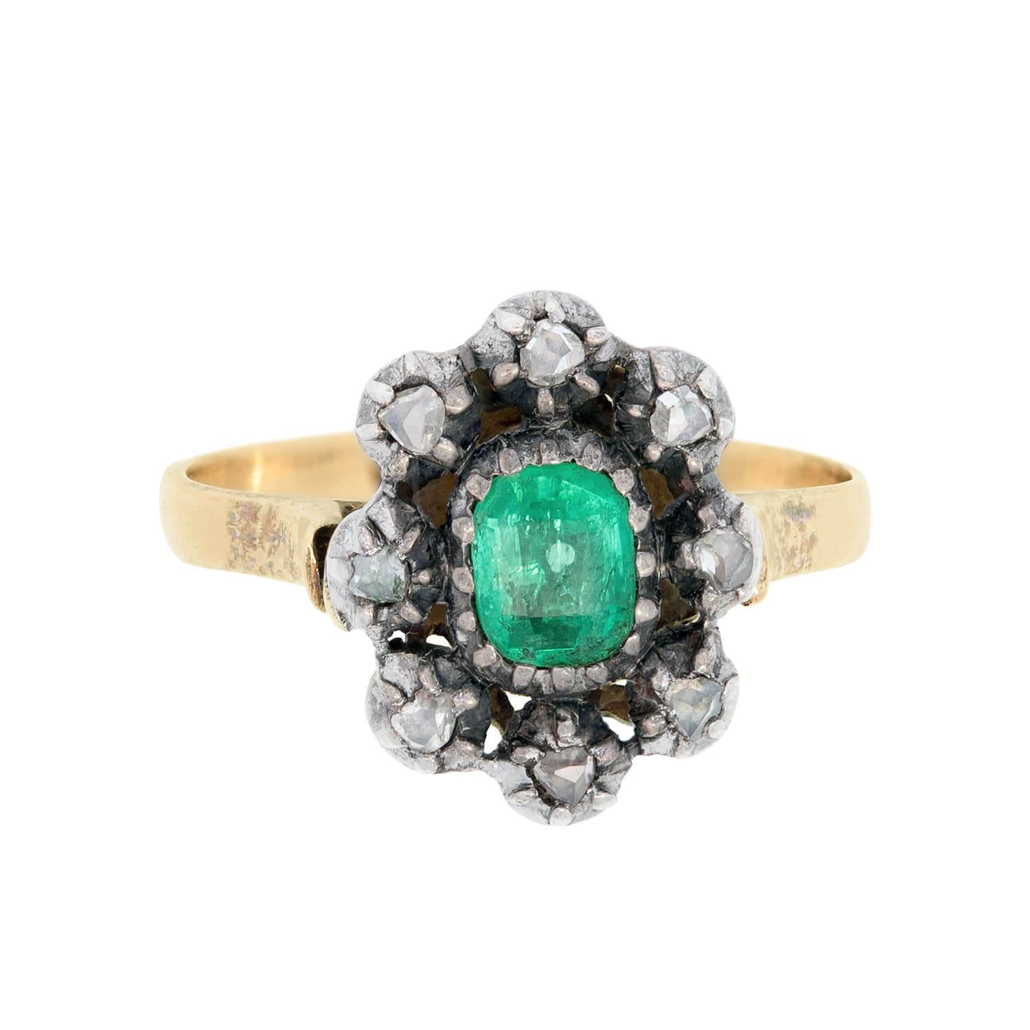 Victorian 14k and Sterling Silver Emerald and Diamond Ring