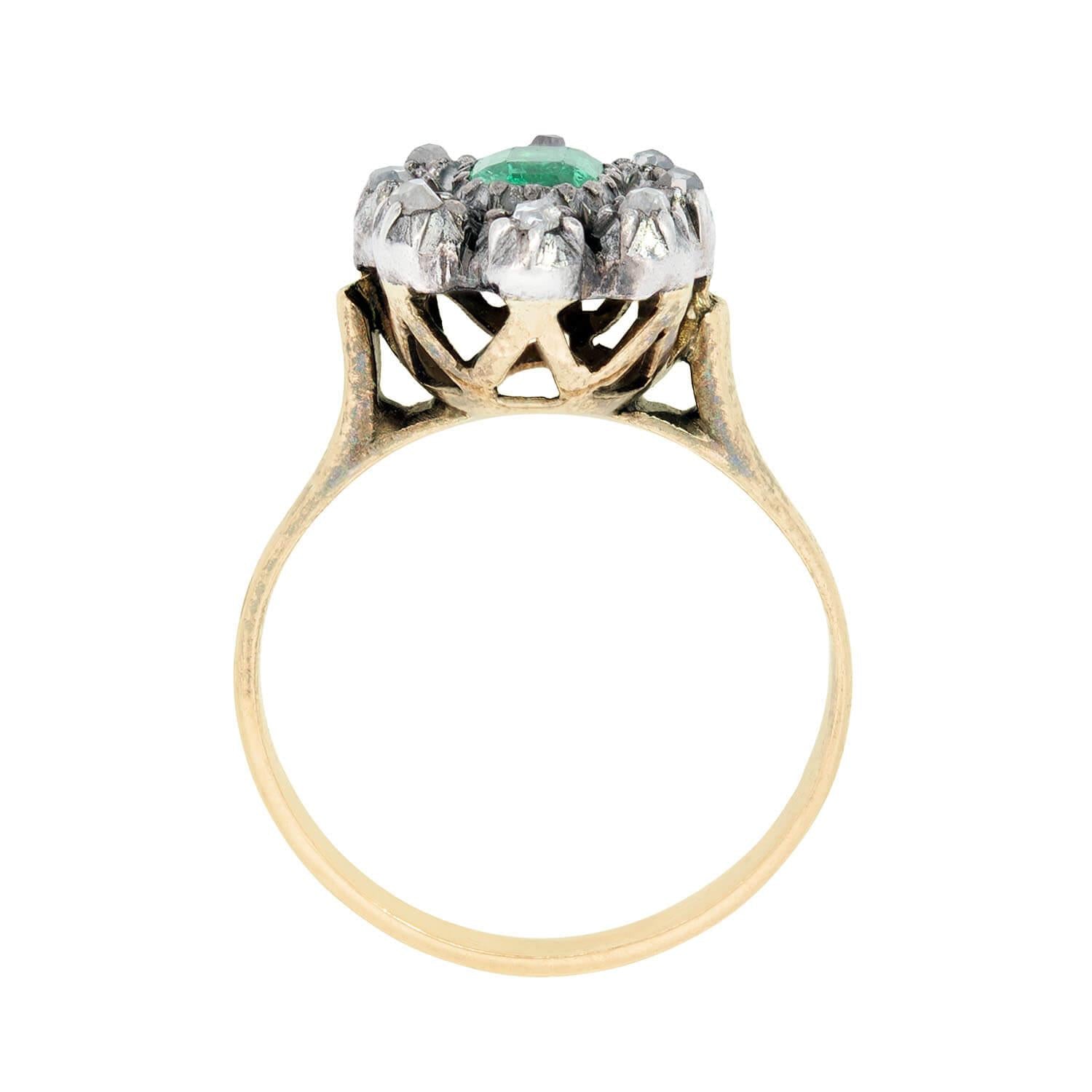 Victorian 14k and Sterling Silver Emerald and Diamond Ring