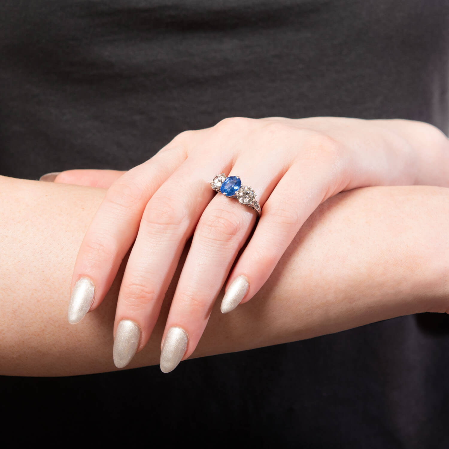 Edwardian Platinum Sapphire and Diamond Three Stone Ring