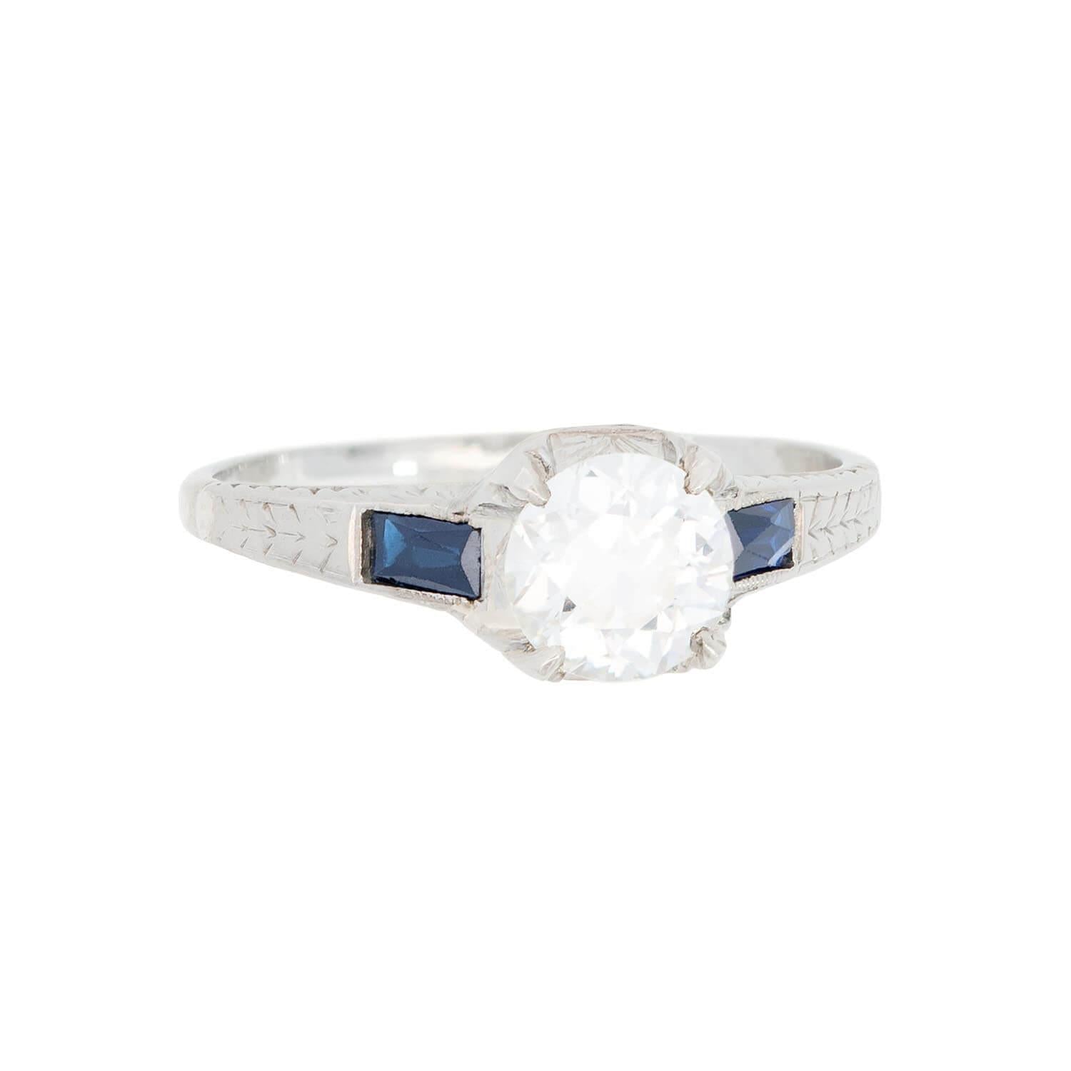 Art Deco 14k Diamond and Sapphire Engagement Ring 0.66ct