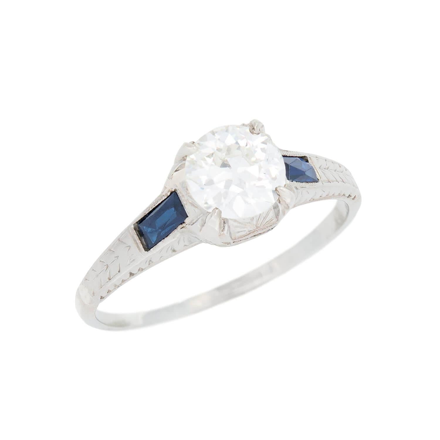 Art Deco 14k Diamond and Sapphire Engagement Ring 0.66ct