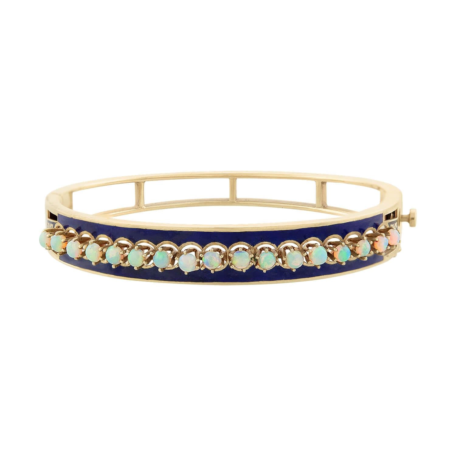 Victorian 14k Opal Blue Enameled Bangle Bracelet