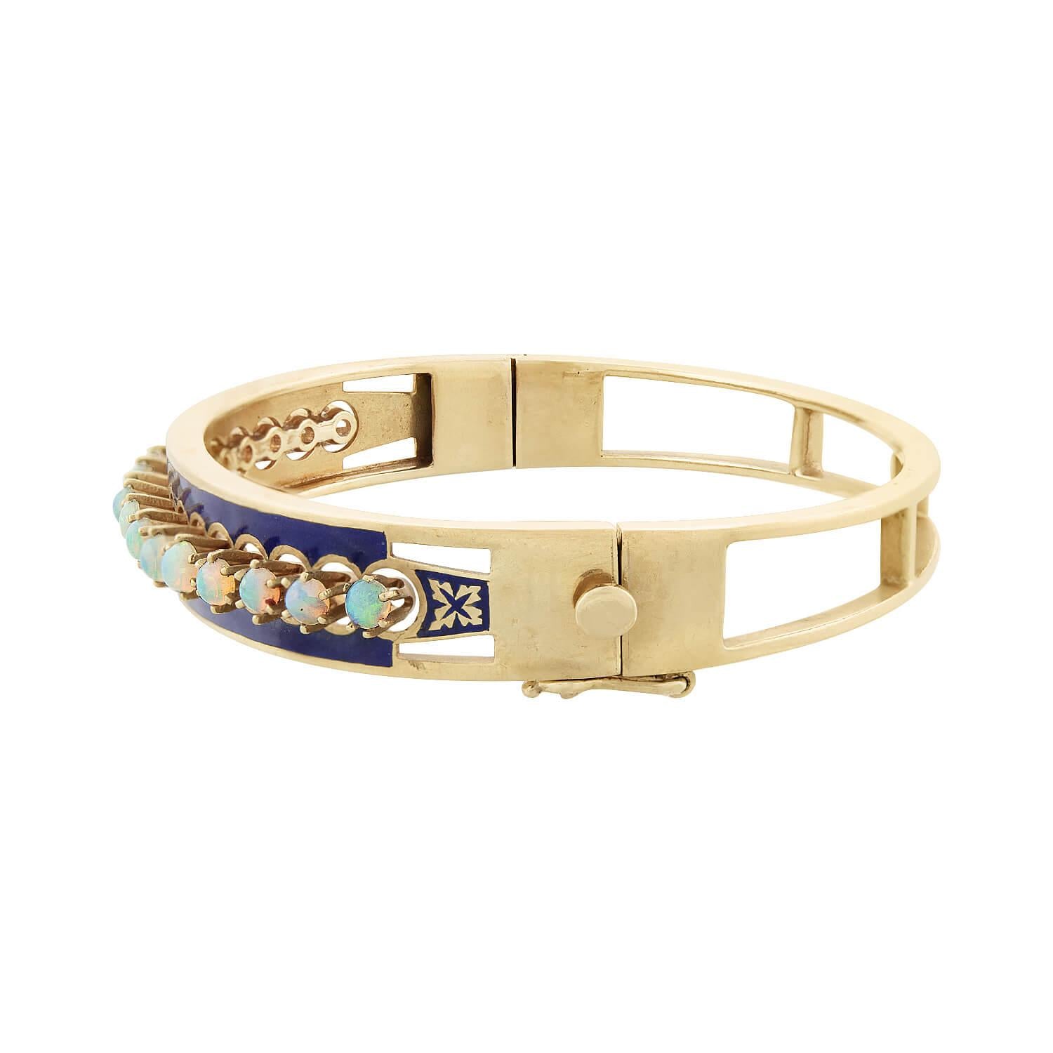 Victorian 14k Opal Blue Enameled Bangle Bracelet