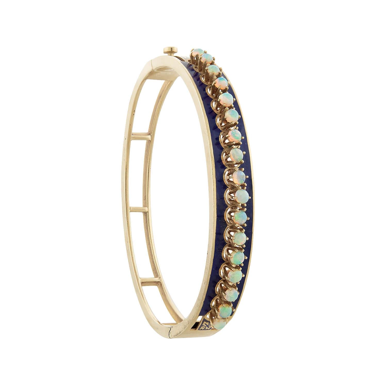 Victorian 14k Opal Blue Enameled Bangle Bracelet