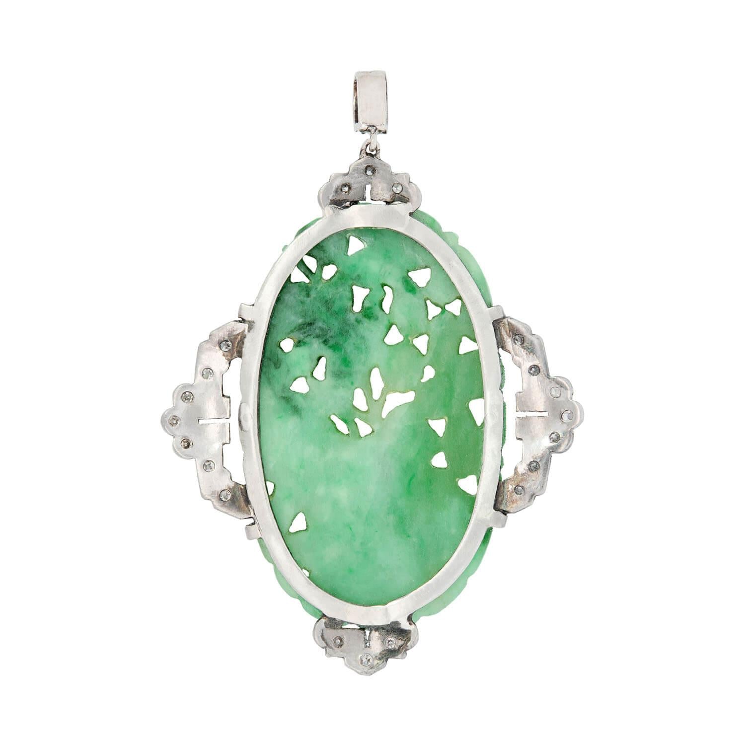 Art Deco Platinum Carved Jade and Diamond Plaque Pendant