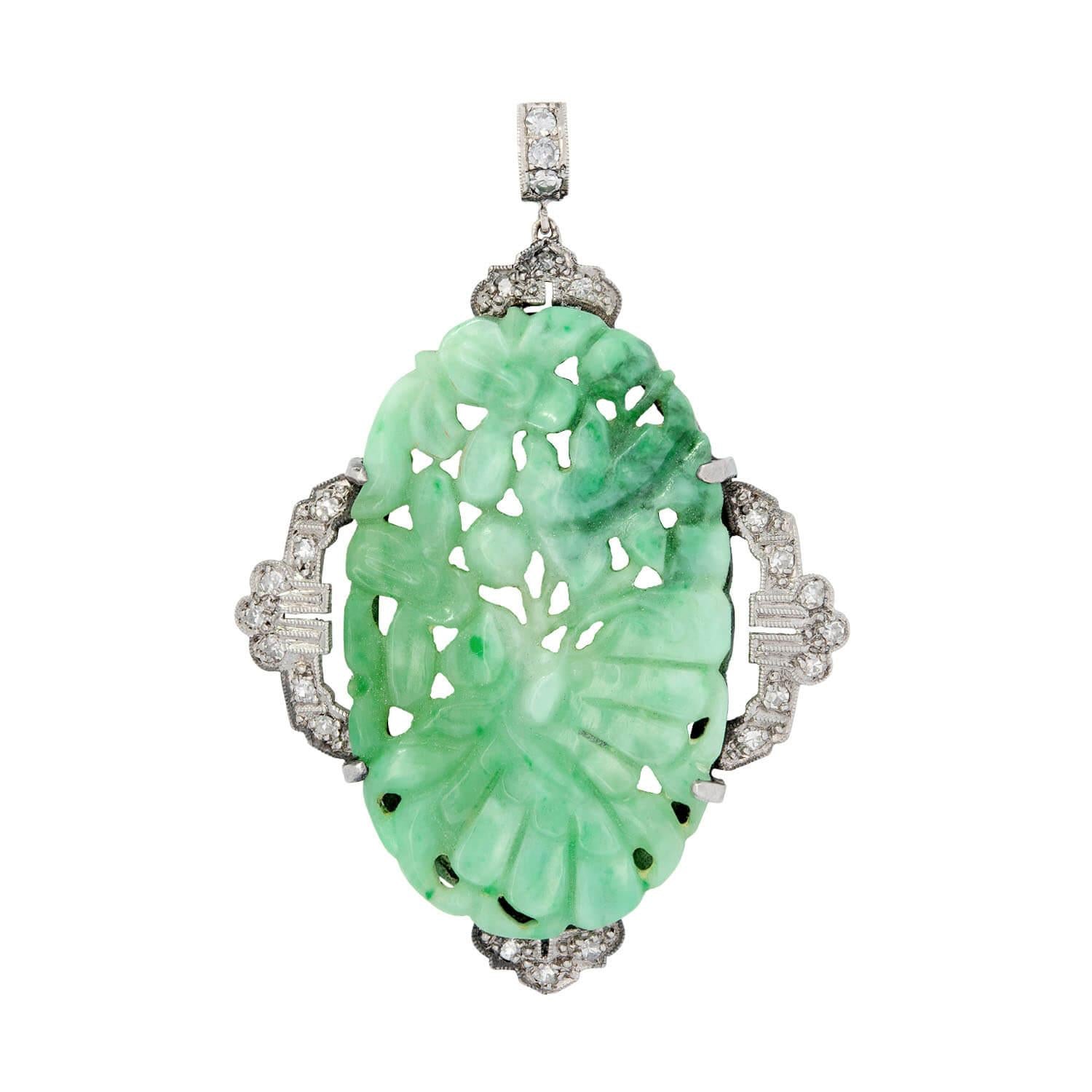 Art Deco Platinum Carved Jade and Diamond Plaque Pendant