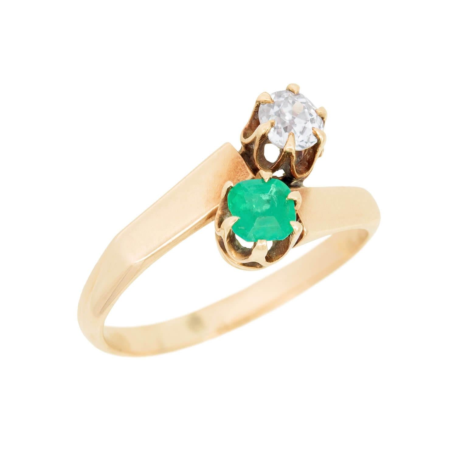 Late Victorian 14k Diamond and Emerald Moi Et Toi Ring