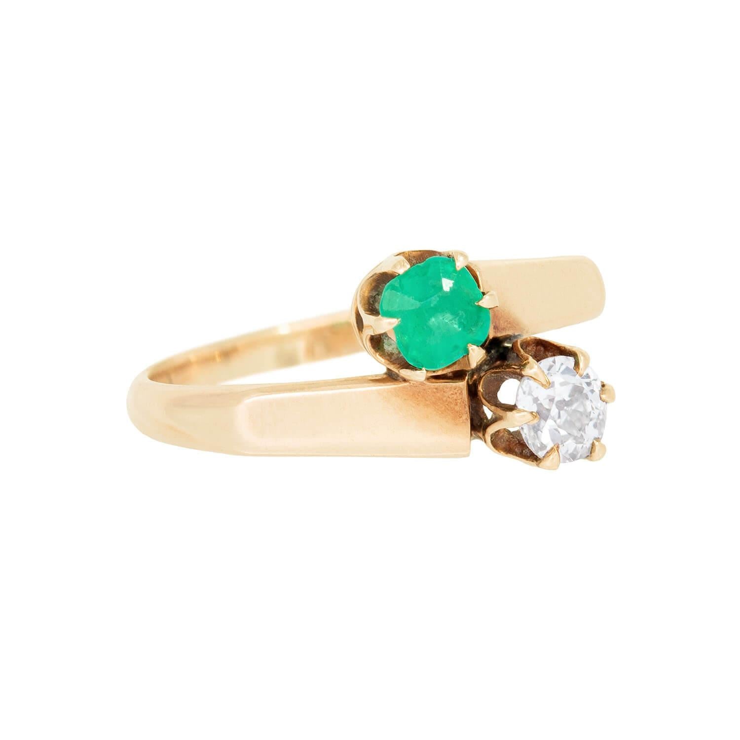 Late Victorian 14k Diamond and Emerald Moi Et Toi Ring