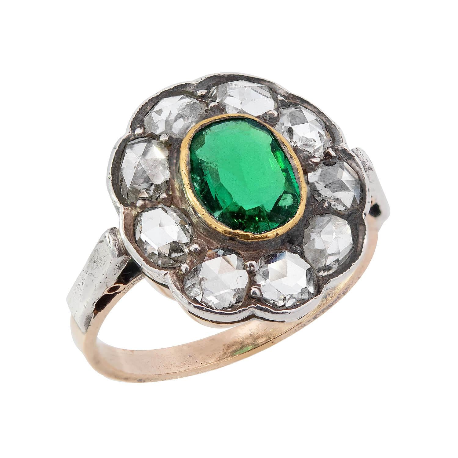 Georgian 14k/Sterling Silver Emerald and Diamond Halo Ring