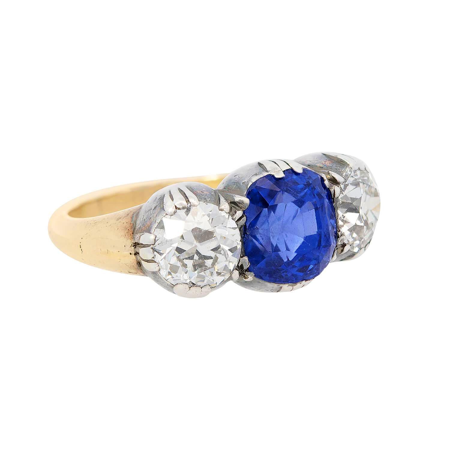 Victorian 18k/Sterling Silver GIA No Heat Ceylon Sapphire & Diamond Ring