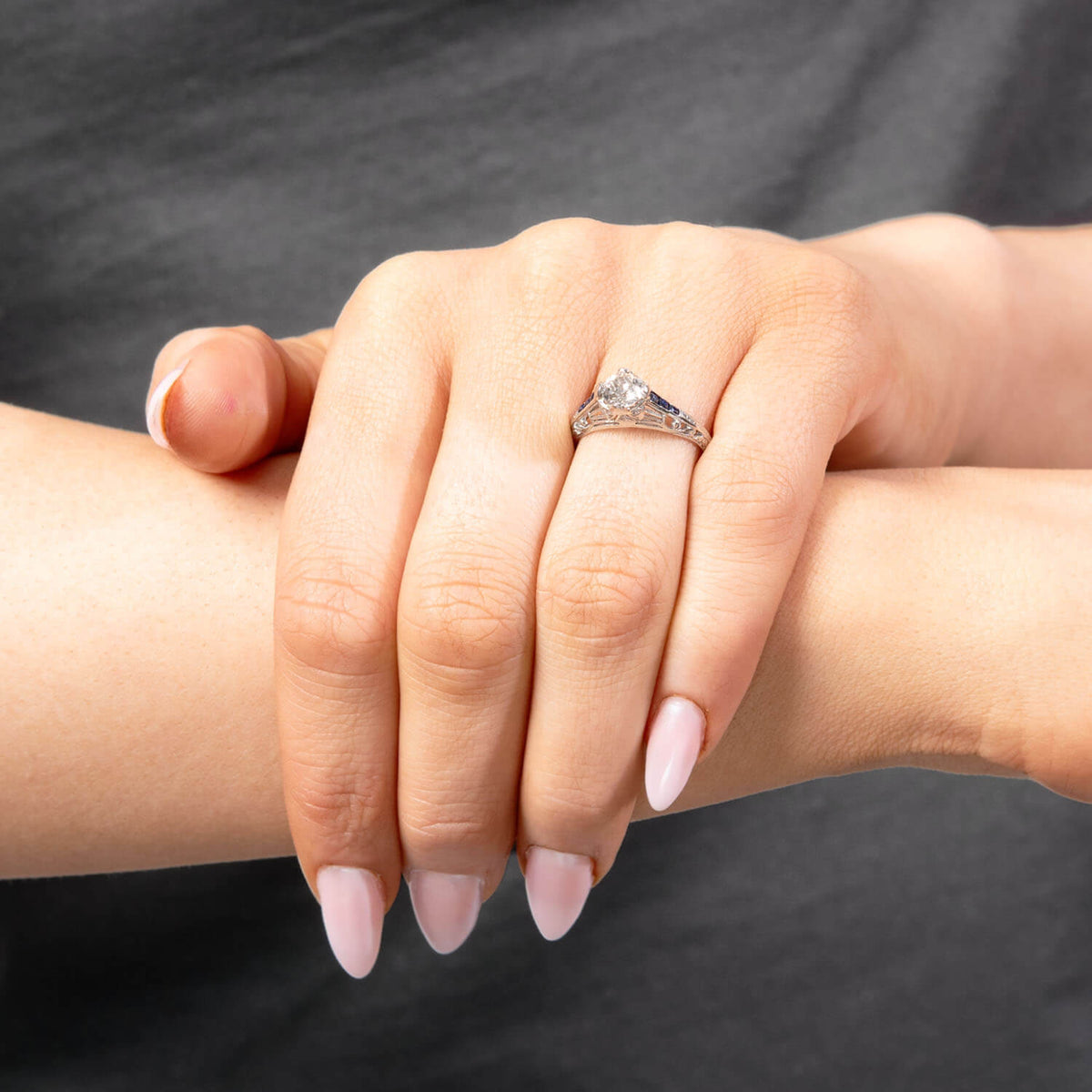 Art Deco Platinum Diamond Sapphire Engagement Ring