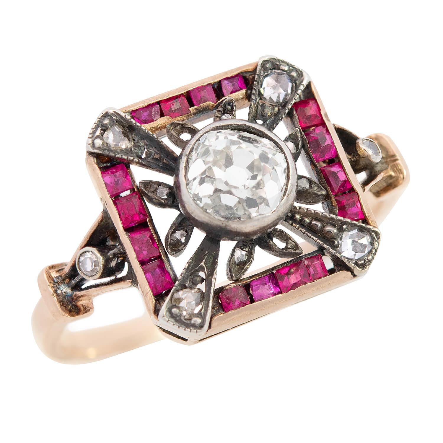 Edwardian 14k/Sterling Silver Diamond and Ruby Ring