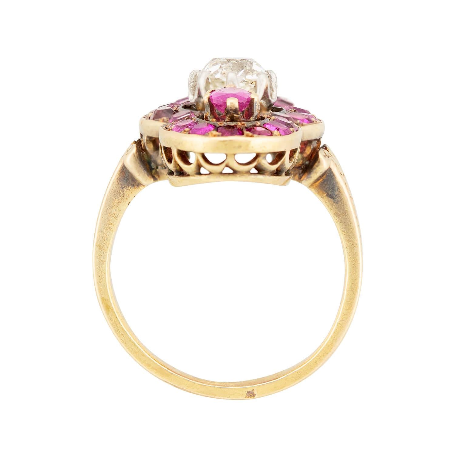 Georgian French 18k Ruby and Diamond Navette Ring