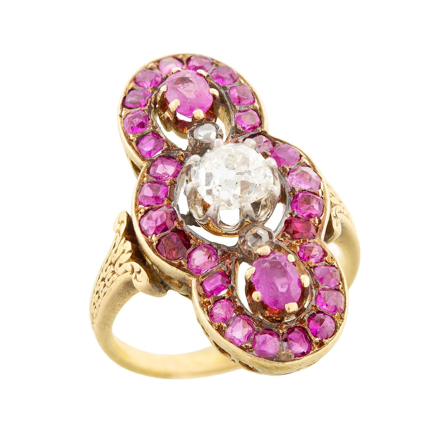 Georgian French 18k Ruby and Diamond Navette Ring