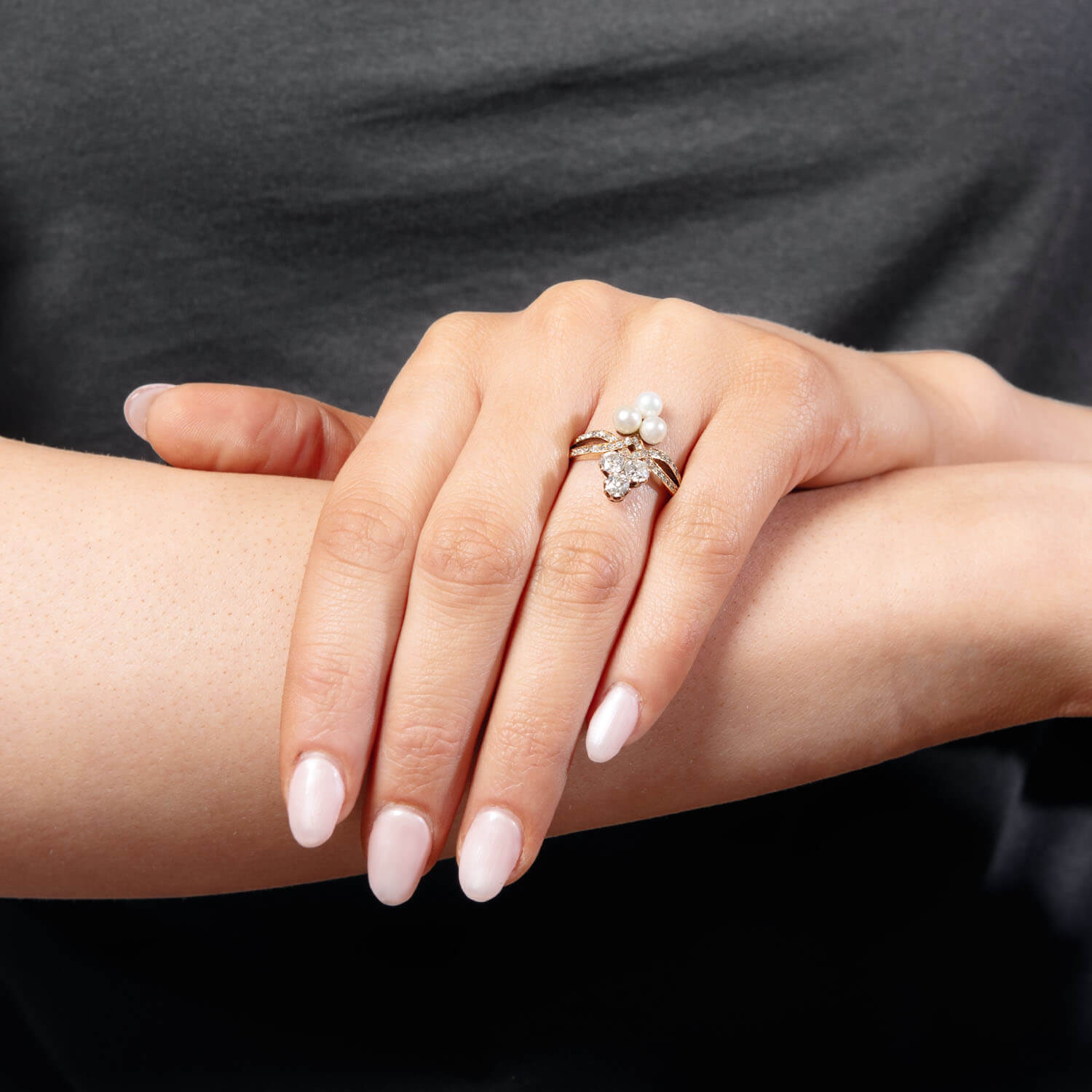 Victorian 14k Diamond and Pearl Double Trefoil Ring