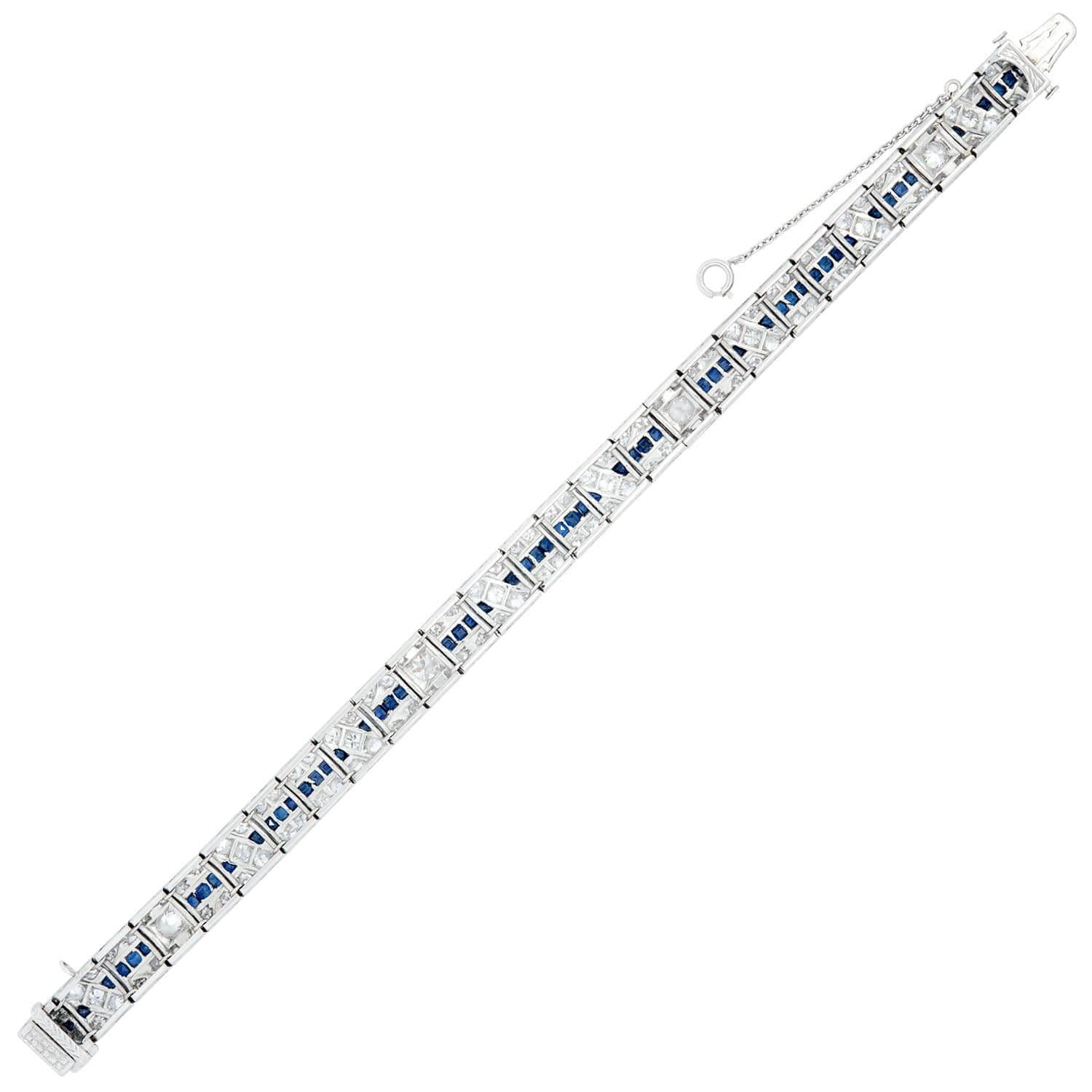 Art Deco Platinum Diamond and Sapphire Line Bracelet