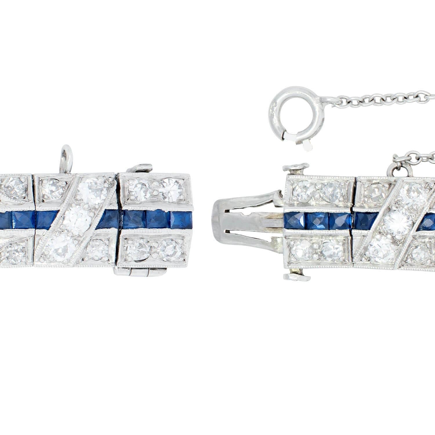 Art Deco Platinum Diamond and Sapphire Line Bracelet