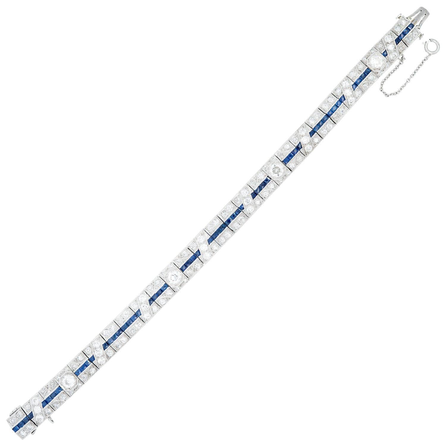 Art Deco Platinum Diamond and Sapphire Line Bracelet