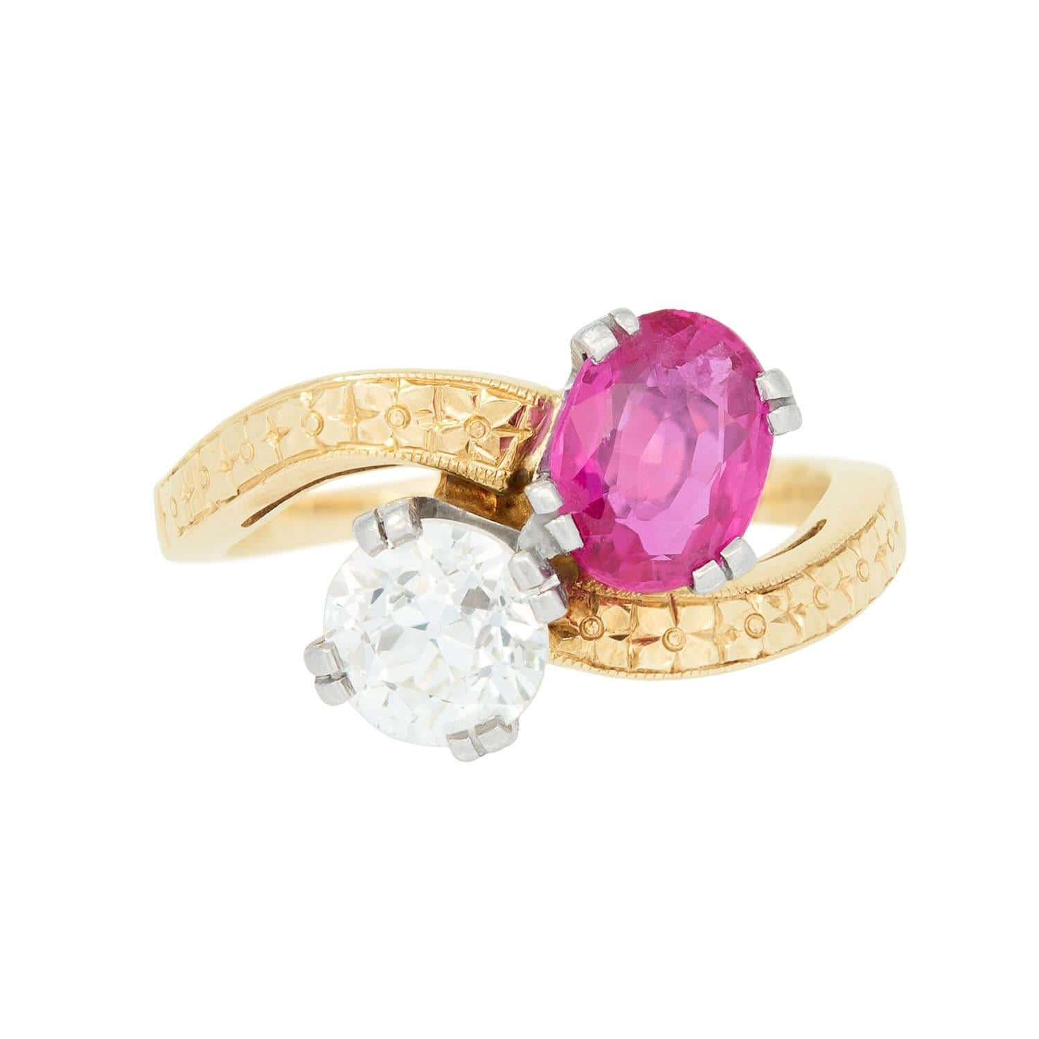 Edwardian 14k/Platinum Diamond and Ruby Moi Et Toi Ring