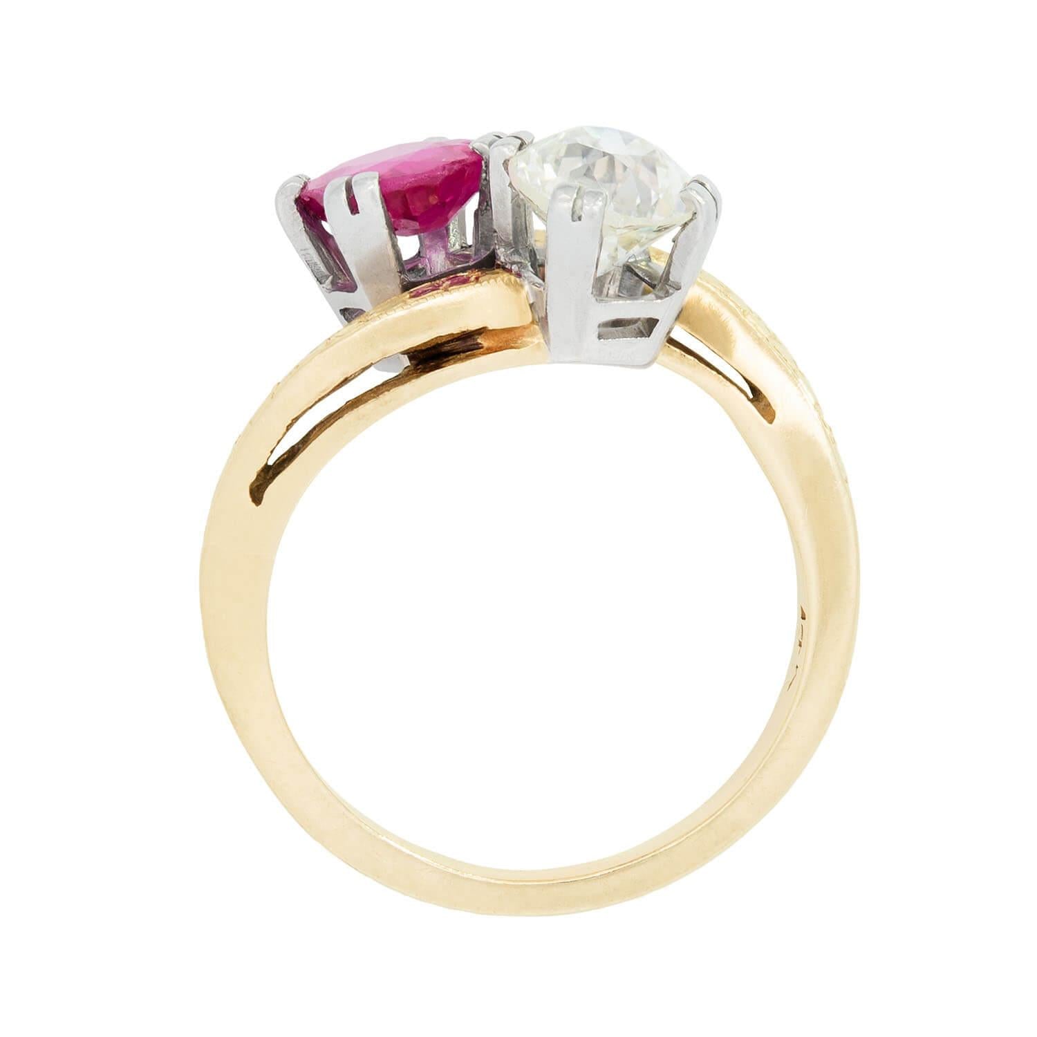 Edwardian 14k/Platinum Diamond and Ruby Moi Et Toi Ring