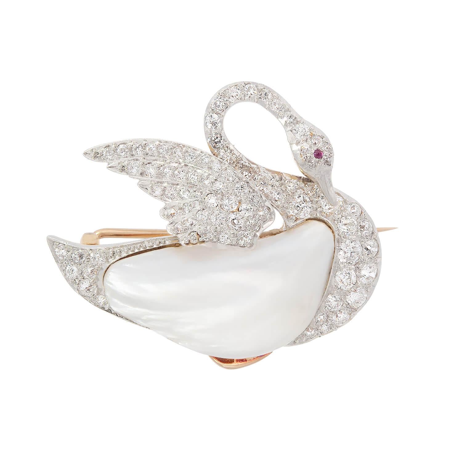 Edwardian 18k/Platinum Diamond, Pearl, and Ruby Swan Pin