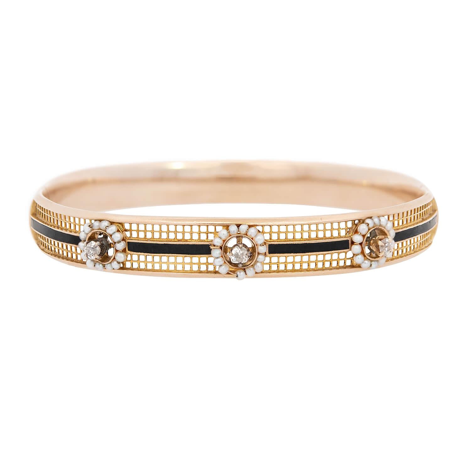 Victorian 15k Diamond, Pearl, and Enamel Bangle