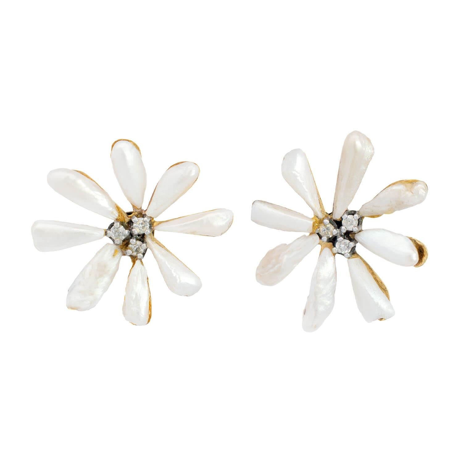 Victorian 14k Pearl and Diamond Flower Earrings