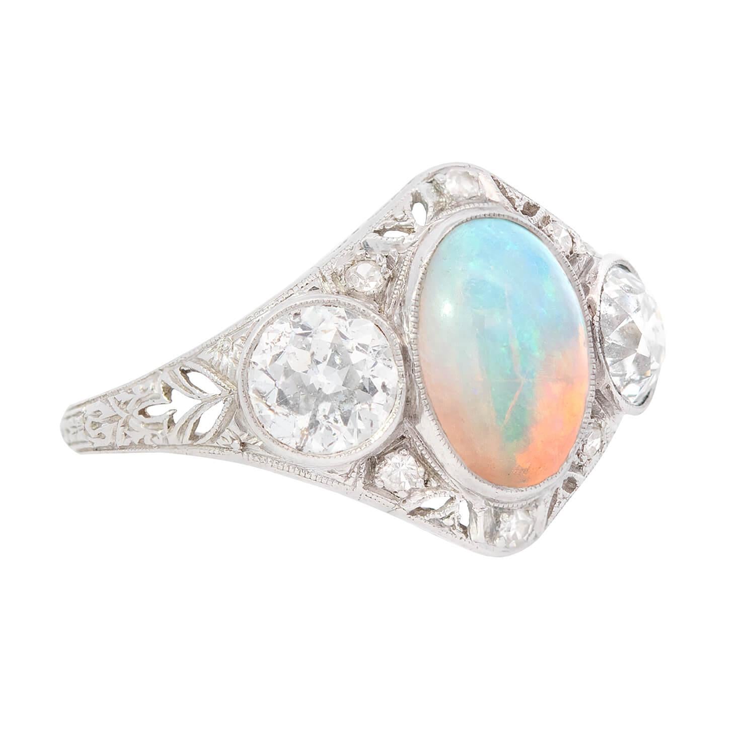 Art Nouveau Platinum Opal and Diamond Filigree Ring