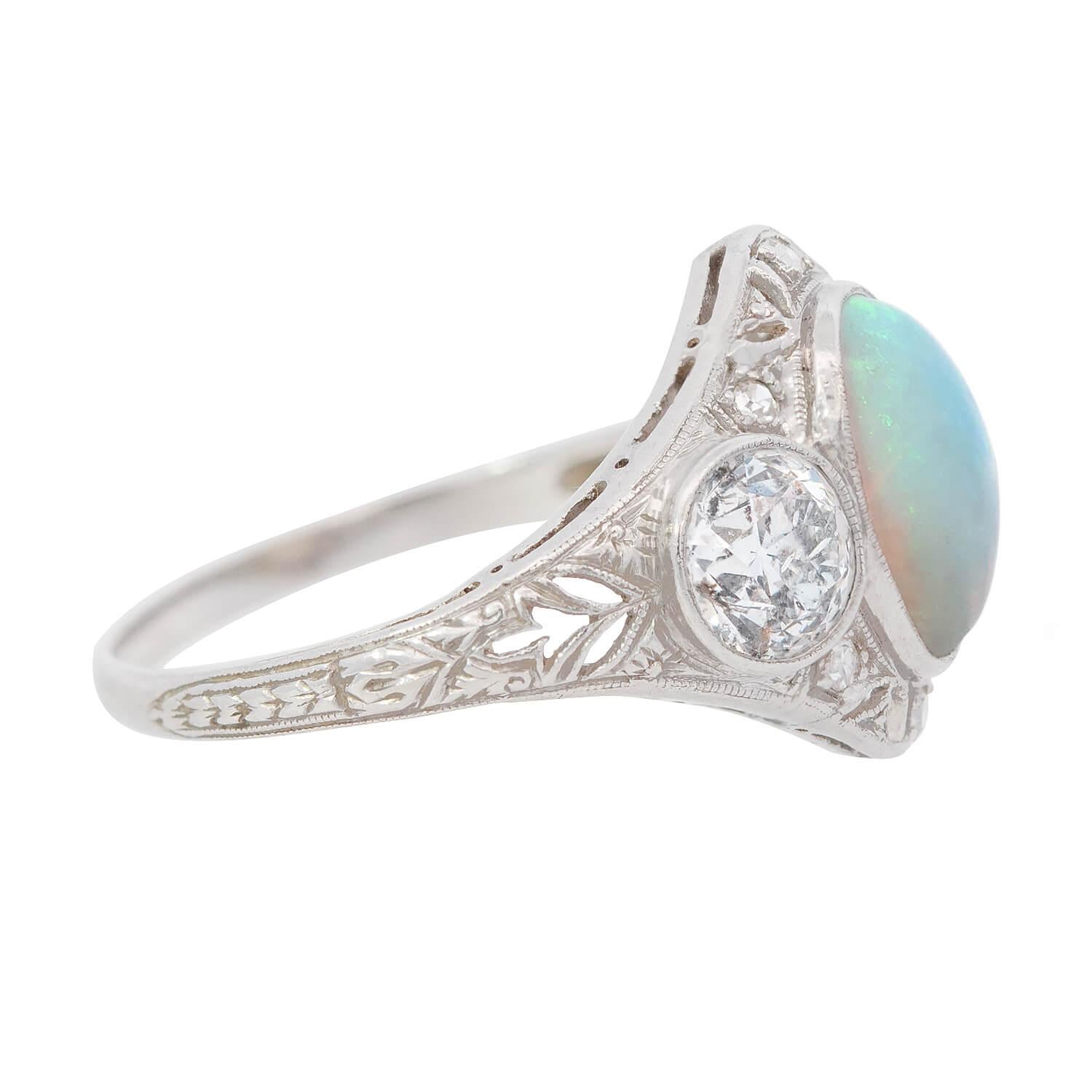 Art Nouveau Platinum Opal and Diamond Filigree Ring