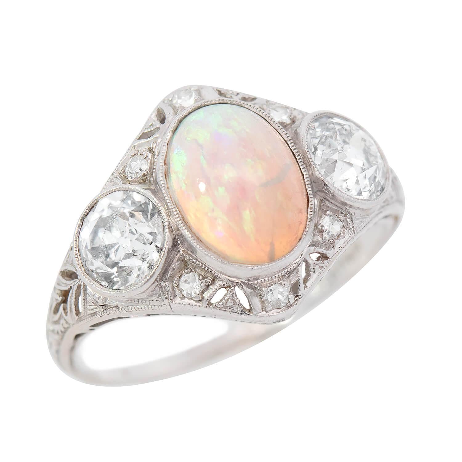 Art Nouveau Platinum Opal and Diamond Filigree Ring