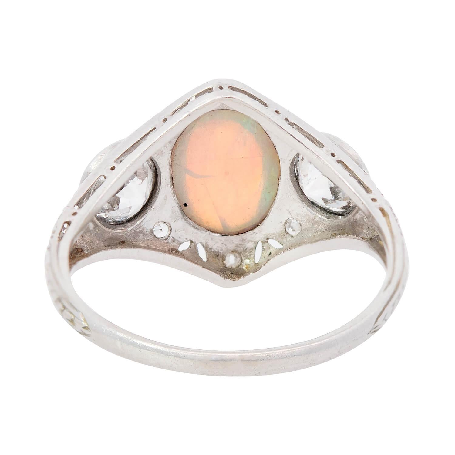 Art Nouveau Platinum Opal and Diamond Filigree Ring