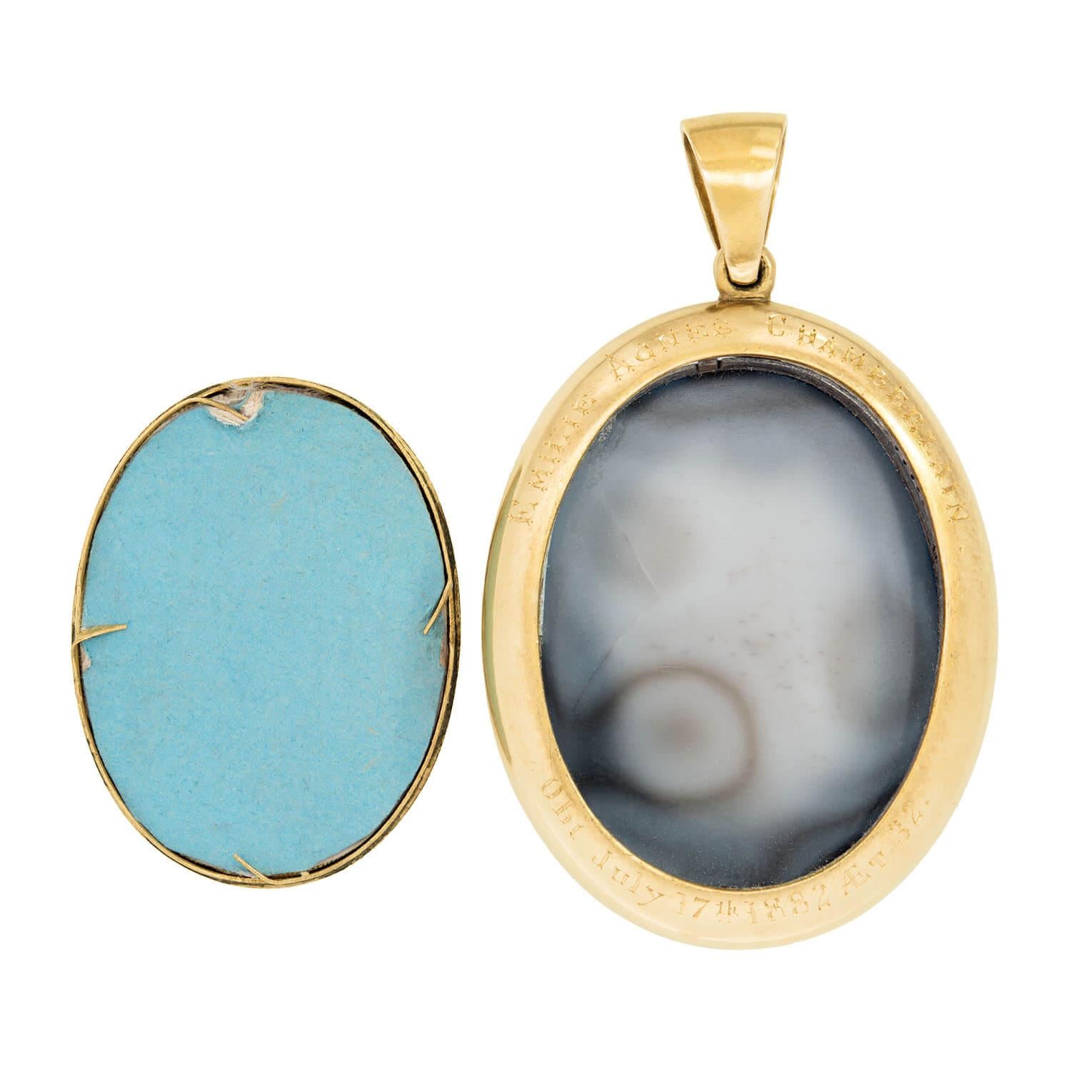 Victorian 14k Banded Agate and Pearl Mourning Locket Pendant