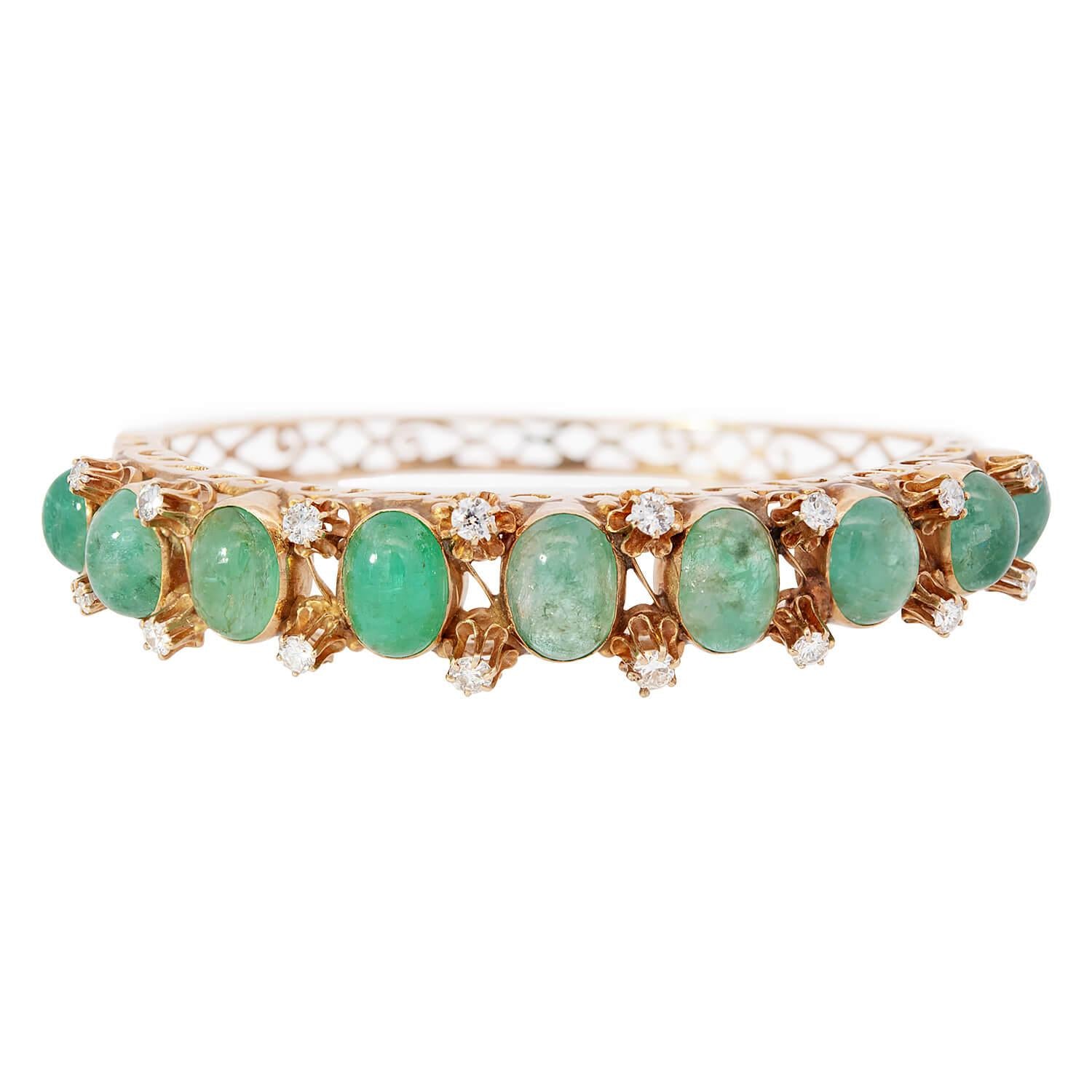 Retro 14k Emerald and Diamond Bangle Bracelet