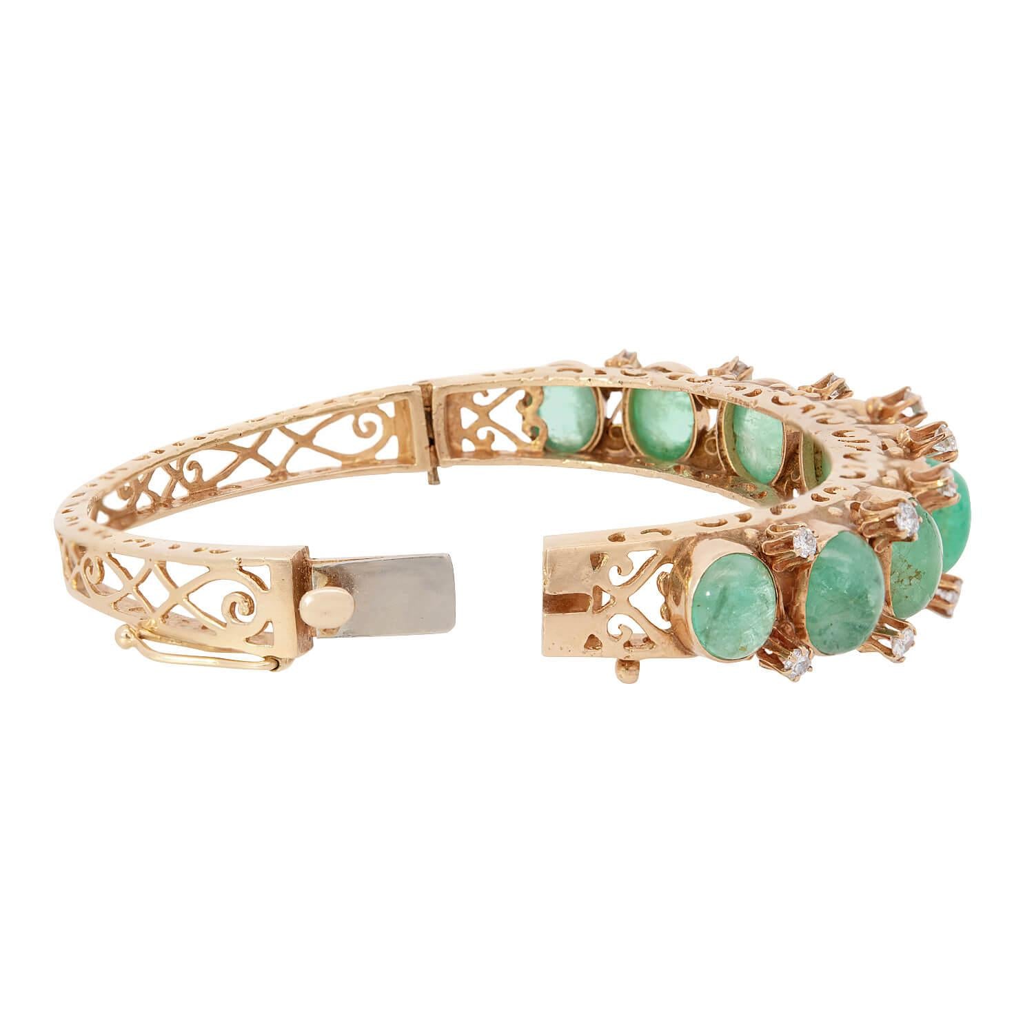 Retro 14k Emerald and Diamond Bangle Bracelet