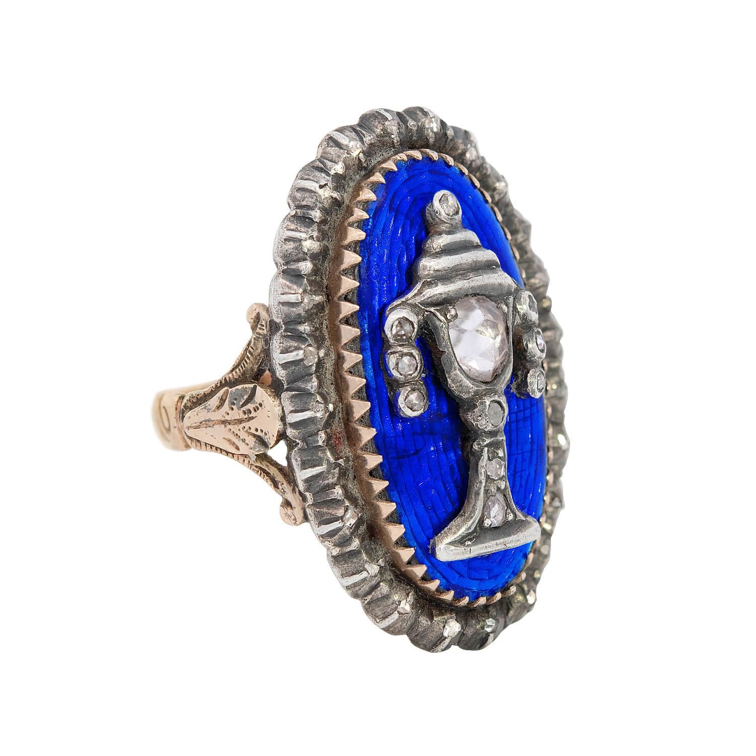 Georgian 14k and Sterling Silver Diamond and Enamel Urn Ring