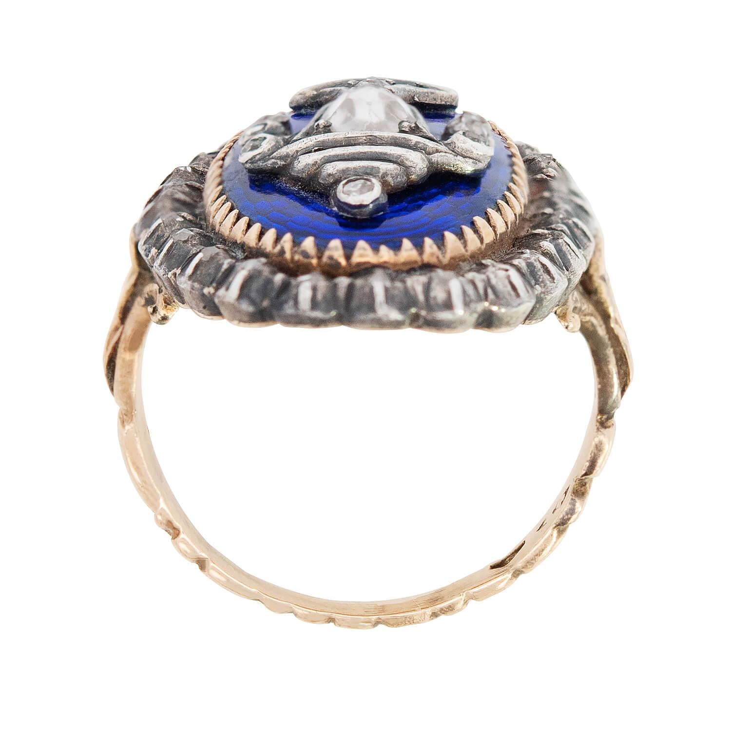 Georgian 14k and Sterling Silver Diamond and Enamel Urn Ring