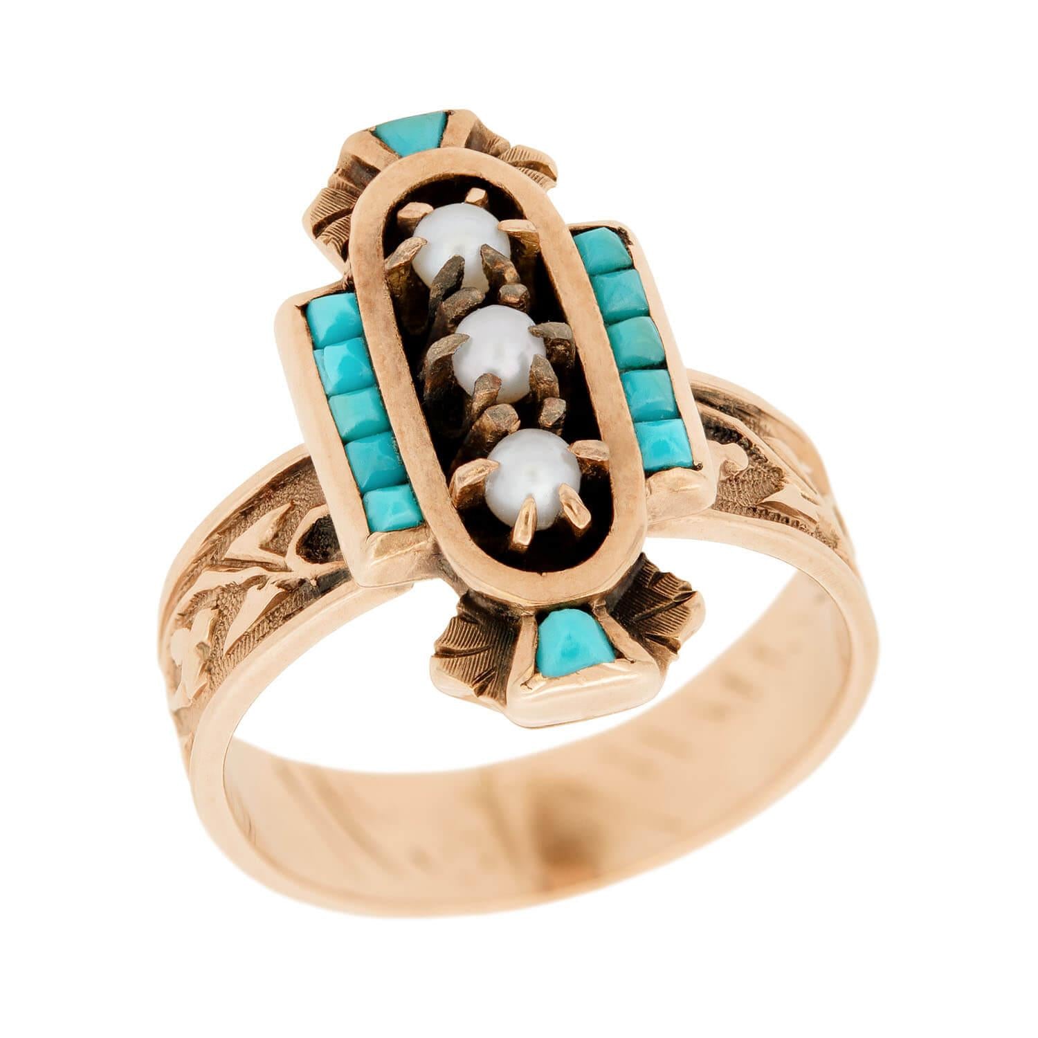 Victorian 14k Turquoise and Pearl Navette Ring