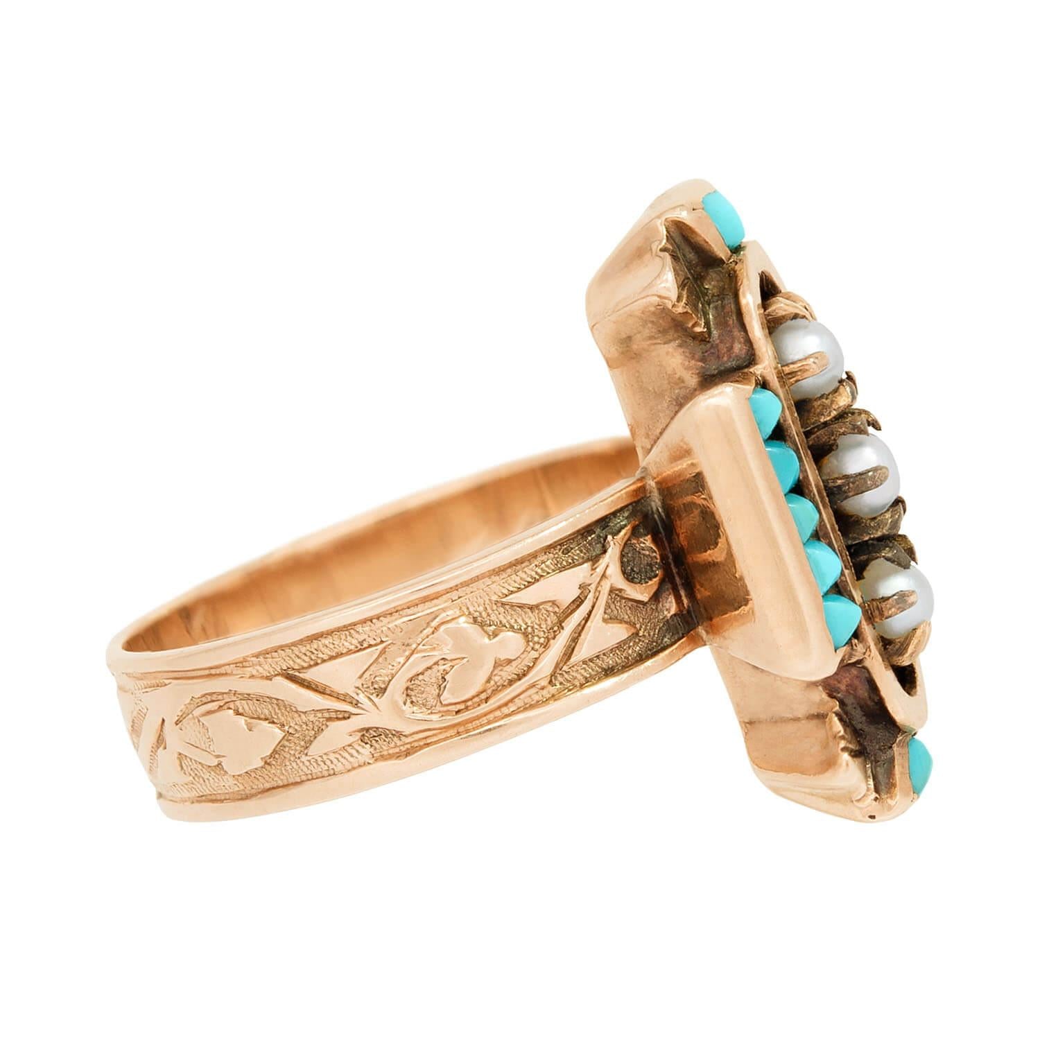 Victorian 14k Turquoise and Pearl Navette Ring