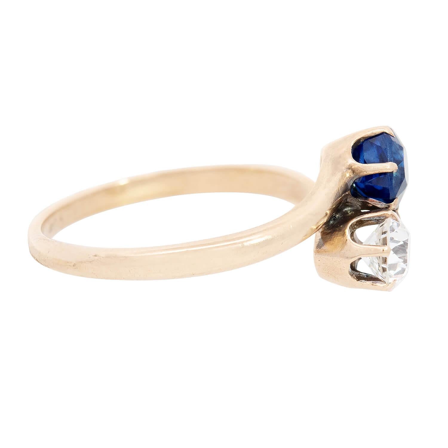 Victorian 14k Diamond and Sapphire "Moi et Toi" Bypass Ring