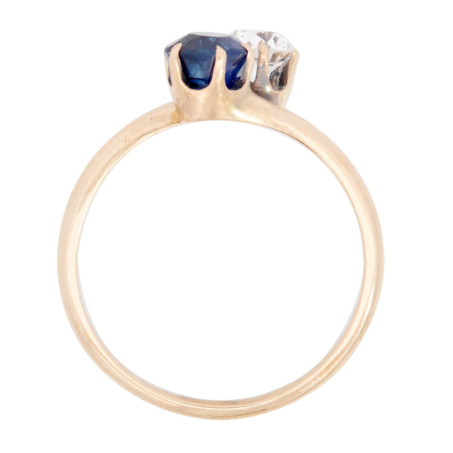 Victorian 14k Diamond and Sapphire "Moi et Toi" Bypass Ring