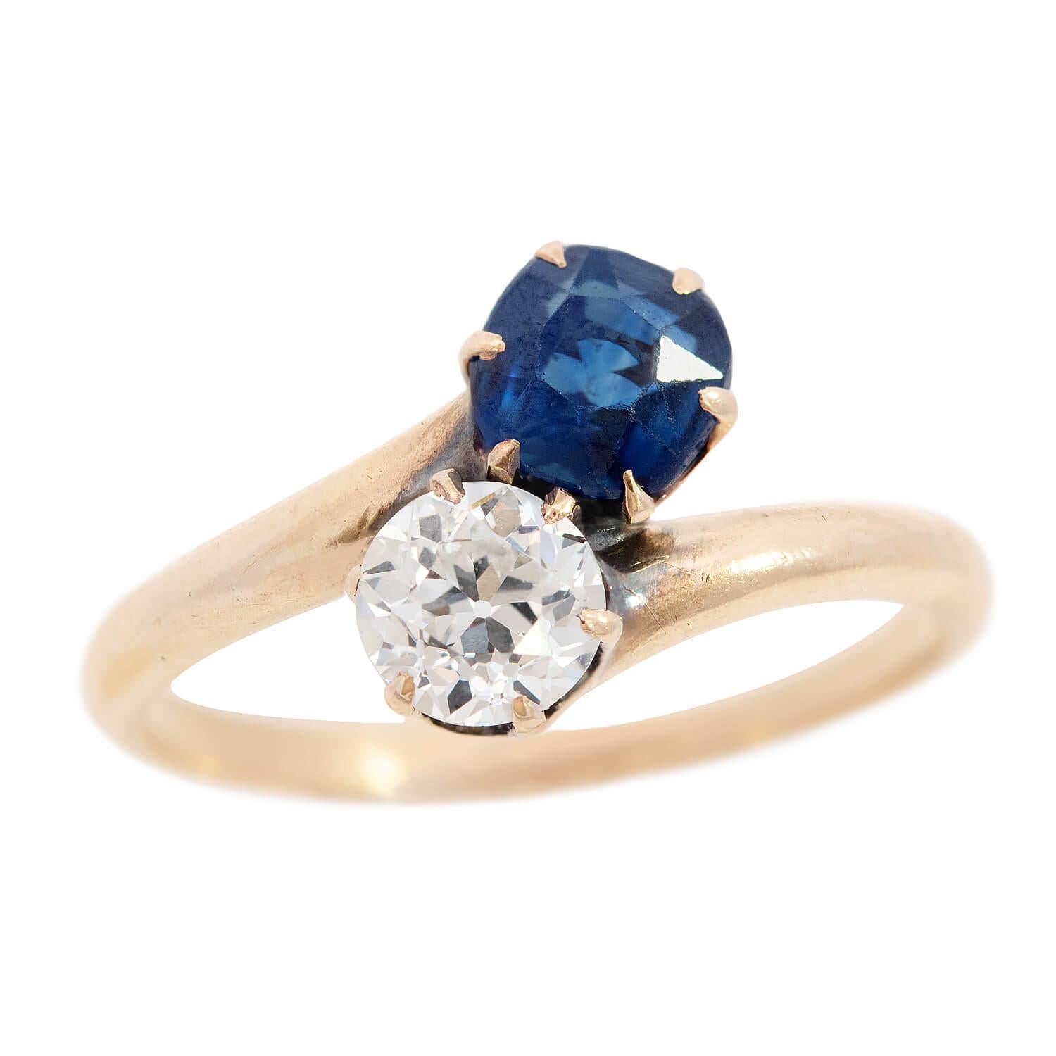 Victorian 14k Diamond and Sapphire "Moi et Toi" Bypass Ring