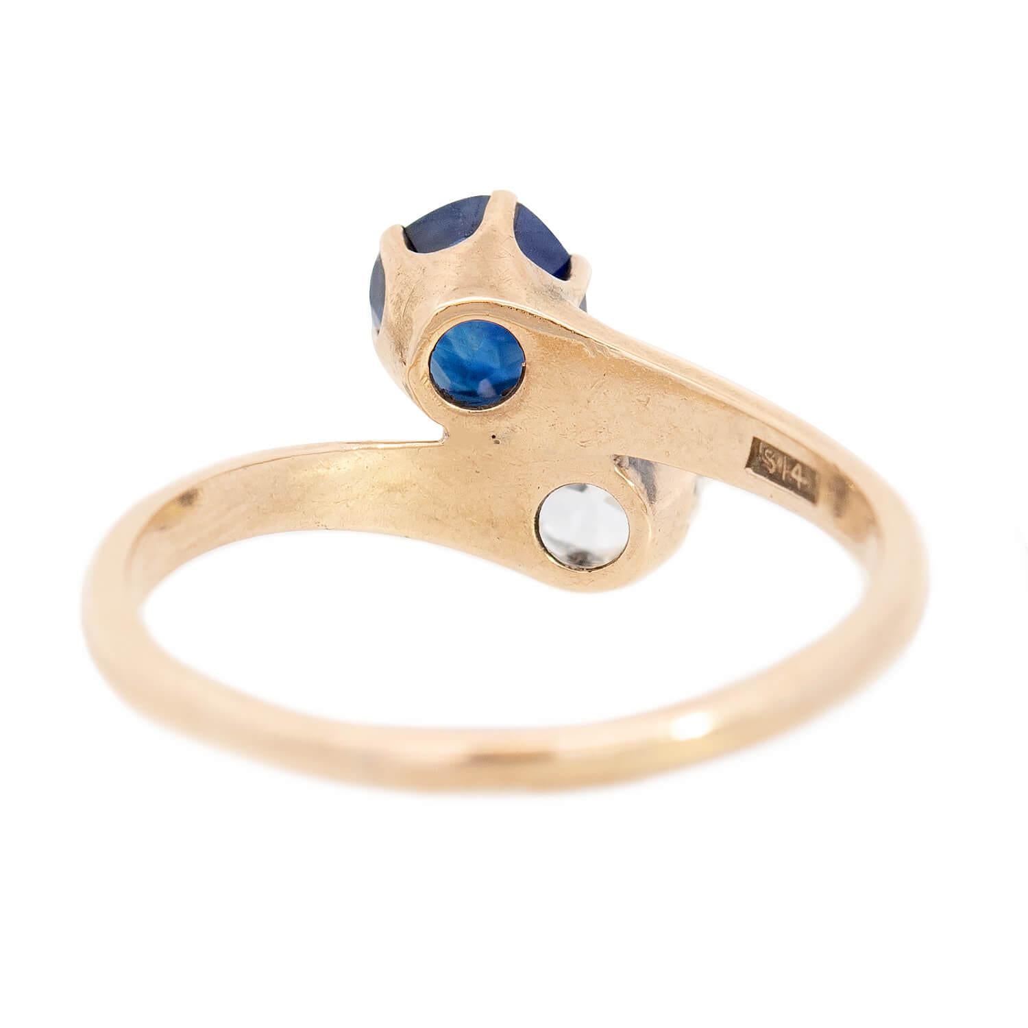 Victorian 14k Diamond and Sapphire "Moi et Toi" Bypass Ring