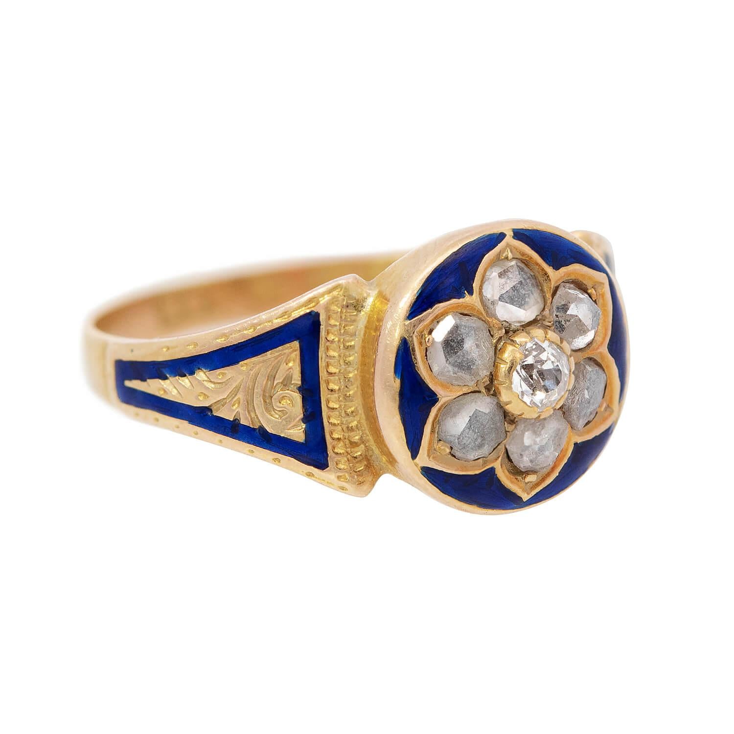 Victorian 15k Diamond and Enamel Floral Motif Ring