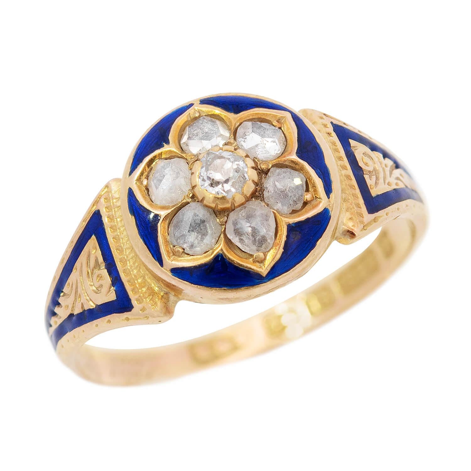 Victorian 15k Diamond and Enamel Floral Motif Ring